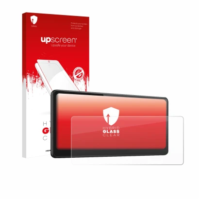 Parte frontal de un envase de producto con el logotipo de la marca upscreen. Al lado se muestra el dispositivo CarpodGo T3 Pro