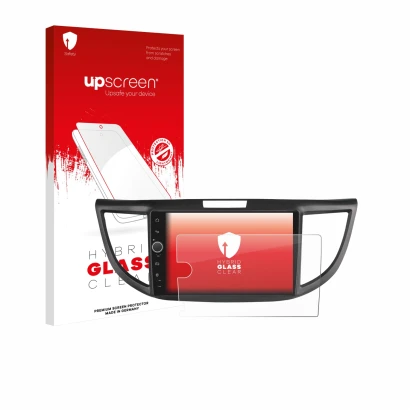 Parte frontal de un envase de producto con el logotipo de la marca upscreen. Al lado se muestra el dispositivo Joying Car Radi