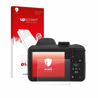 Parte frontal de un envase de producto con el logotipo de la marca upscreen. Al lado se muestra el dispositivo Kodak Pixpro AZ