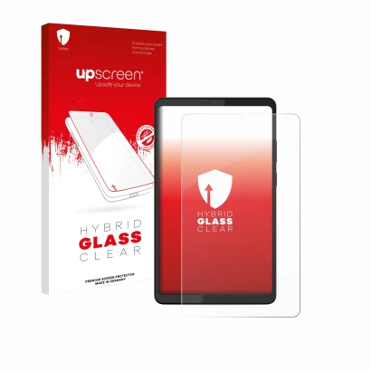 Parte frontal de un envase de producto con el logotipo de la marca upscreen. Al lado se muestra el dispositivo Lenovo Tab K9 c