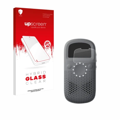 Parte frontal de un envase de producto con el logotipo de la marca upscreen. Al lado se muestra el dispositivo Relay X con su 