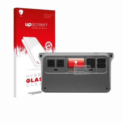 Parte frontal de un envase de producto con el logotipo de la marca upscreen. Al lado se muestra el dispositivo DJI Power 1000 