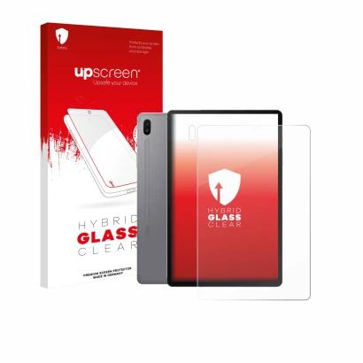 Parte frontal de un envase de producto con el logotipo de la marca upscreen. Al lado se muestra el dispositivo Samsung Galaxy 