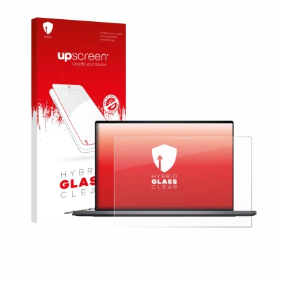 Parte frontal de un envase de producto con el logotipo de la marca upscreen. Al lado se muestra el dispositivo Dell XPS 16 DA1