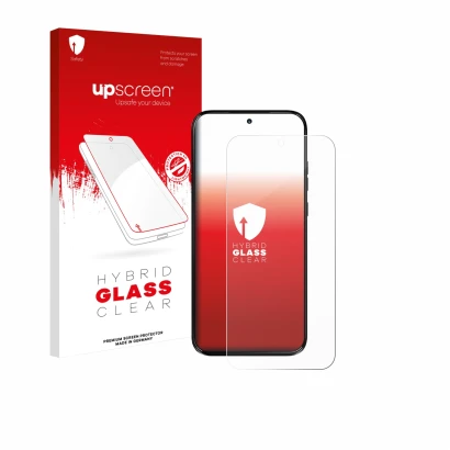 Parte frontal de un envase de producto con el logotipo de la marca upscreen. Al lado se muestra el dispositivo Motorola Moto G