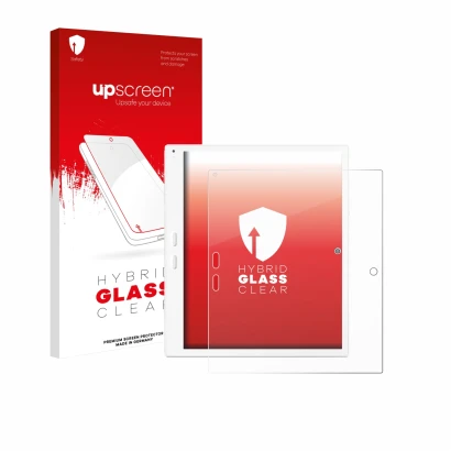 Parte frontal de un envase de producto con el logotipo de la marca upscreen. Al lado se muestra el dispositivo Bigme B10 10.3"