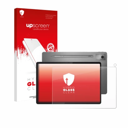 Parte frontal de un envase de producto con el logotipo de la marca upscreen. Al lado se muestra el dispositivo Lenovo Idea Tab