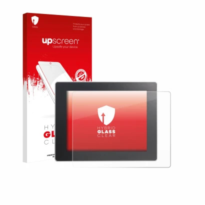 Parte frontal de un envase de producto con el logotipo de la marca upscreen. Al lado se muestra el dispositivo Weintek cMT3092