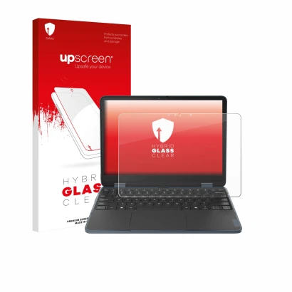 Parte frontal de un envase de producto con el logotipo de la marca upscreen. Al lado se muestra el dispositivo Lenovo 500w 2-i