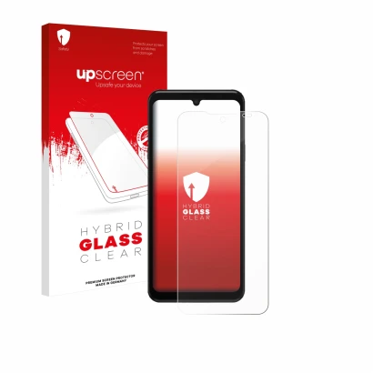 Parte frontal de un envase de producto con el logotipo de la marca upscreen. Al lado se muestra el dispositivo Sunmi M3 con su