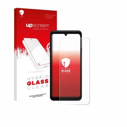 Parte frontal de un envase de producto con el logotipo de la marca upscreen. Al lado se muestra el dispositivo Sunmi L3 con su