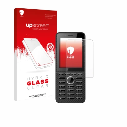 Parte frontal de un envase de producto con el logotipo de la marca upscreen. Al lado se muestra el dispositivo Energizer E288S