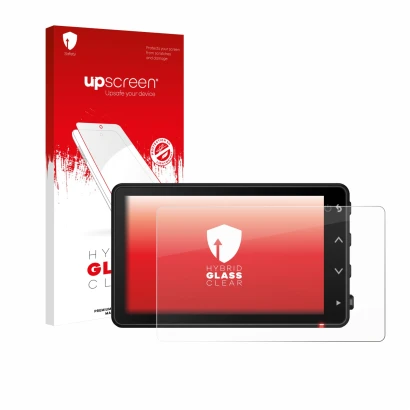 Parte frontal de un envase de producto con el logotipo de la marca upscreen. Al lado se muestra el dispositivo Garmin Catalyst