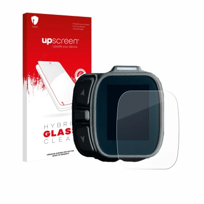 Parte frontal de un envase de producto con el logotipo de la marca upscreen. Al lado se muestra el dispositivo Giant Ridecontr