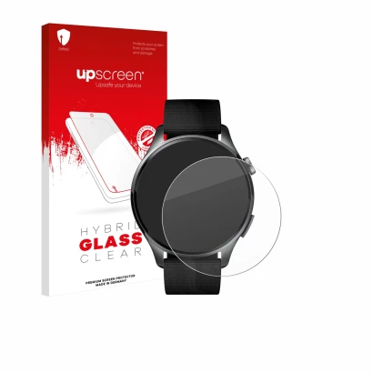 Parte frontal de un envase de producto con el logotipo de la marca upscreen. Al lado se muestra el dispositivo Xiaomi Watch 5 