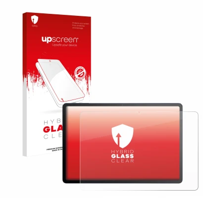 Parte frontal de un envase de producto con el logotipo de la marca upscreen. Al lado se muestra el dispositivo TCL Tab A1 Plus