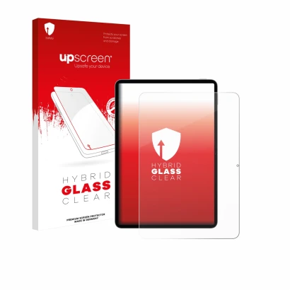 Parte frontal de un envase de producto con el logotipo de la marca upscreen. Al lado se muestra el dispositivo Xiaomi Pad 8 co