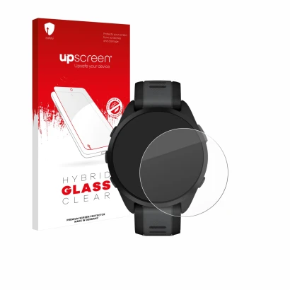 Parte frontal de un envase de producto con el logotipo de la marca upscreen. Al lado se muestra el dispositivo Garmin Forerunn