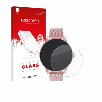 Parte frontal de un envase de producto con el logotipo de la marca upscreen. Al lado se muestra el dispositivo TAOLOON Smartwa