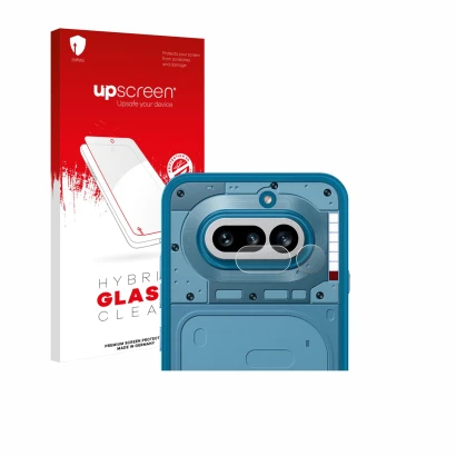 Parte frontal de un envase de producto con el logotipo de la marca upscreen. Al lado se muestra el dispositivo Nothing Phone (