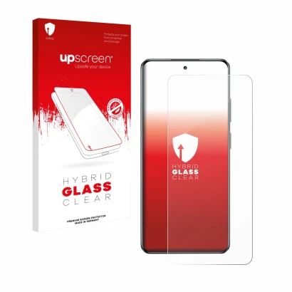 Parte frontal de un envase de producto con el logotipo de la marca upscreen. Al lado se muestra el dispositivo realme C63 5G c