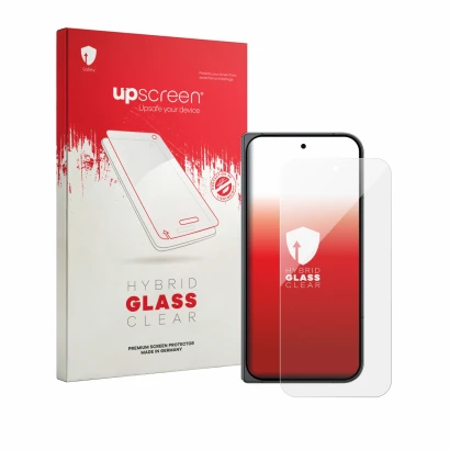 Parte frontal de un envase de producto con el logotipo de la marca upscreen. Al lado se muestra el dispositivo Google Pixel 11