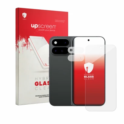 Parte frontal de un envase de producto con el logotipo de la marca upscreen. Al lado se muestra el dispositivo Google Pixel 11