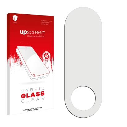 Parte frontal de un envase de producto con el logotipo de la marca upscreen. Al lado está el protector de pantalla correspondi