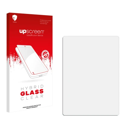Parte frontal de un envase de producto con el logotipo de la marca upscreen. Al lado está el protector de pantalla correspondi