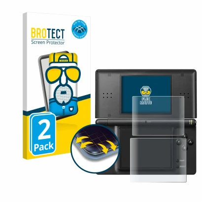 Parte frontal de un envase de producto con el logotipo de la marca BROTECT. Al lado se muestra el dispositivo Nintendo DS LITE