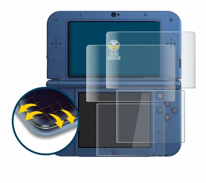 Imagen del dispositivo Nintendo New 3DS XL con una amplia variedad de protectores de pantalla.