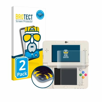 Parte frontal de un envase de producto con el logotipo de la marca BROTECT. Al lado se muestra el dispositivo Nintendo New 3DS