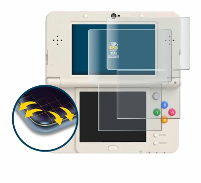 Imagen del dispositivo Nintendo New 3DS con una amplia variedad de protectores de pantalla.