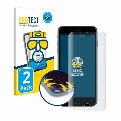 Parte frontal de un envase de producto con el logotipo de la marca BROTECT. Al lado se muestra el dispositivo Apple iPhone 8 P