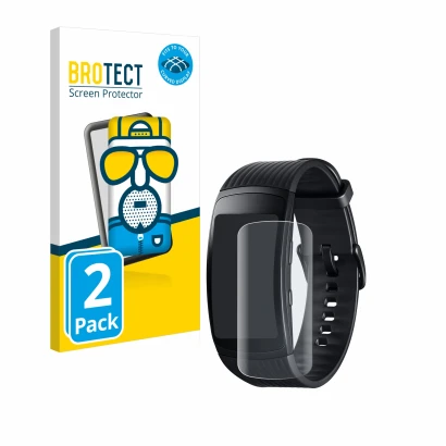 Parte frontal de un envase de producto con el logotipo de la marca BROTECT. Al lado se muestra el dispositivo Samsung Gear Fit