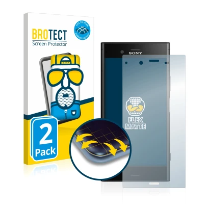 Parte frontal de un envase de producto con el logotipo de la marca BROTECT. Al lado se muestra el dispositivo Sony Xperia XZ1 