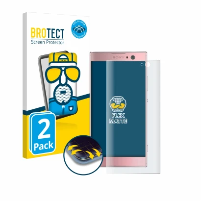 Parte frontal de un envase de producto con el logotipo de la marca BROTECT. Al lado se muestra el dispositivo Sony Xperia XA2 