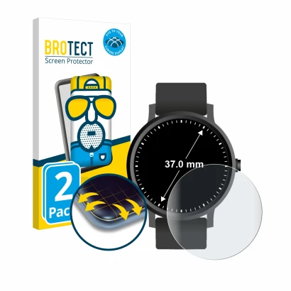 Parte frontal de un envase de producto con el logotipo de la marca BROTECT. Al lado se muestra el dispositivo Circular Display