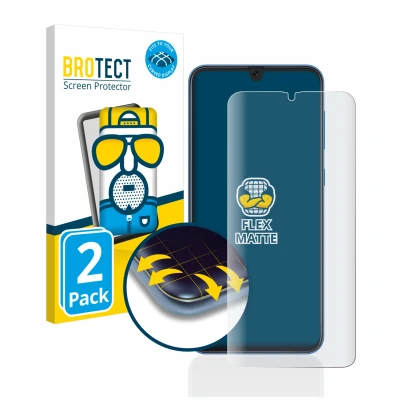 Parte frontal de un envase de producto con el logotipo de la marca BROTECT. Al lado se muestra el dispositivo Samsung Galaxy A