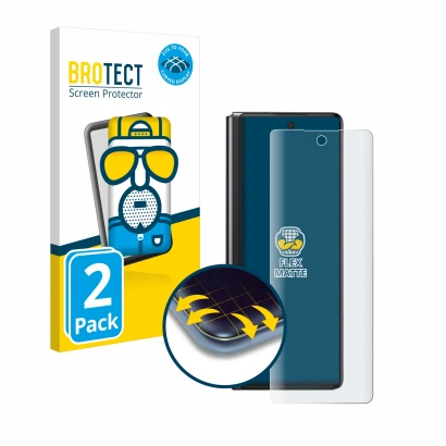 Parte frontal de un envase de producto con el logotipo de la marca BROTECT. Al lado se muestra el dispositivo Samsung Galaxy Z