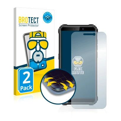Parte frontal de un envase de producto con el logotipo de la marca BROTECT. Al lado se muestra el dispositivo Oukitel WP5 con