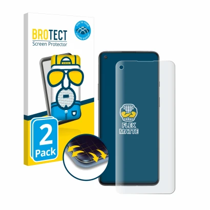 Parte frontal de un envase de producto con el logotipo de la marca BROTECT. Al lado se muestra el dispositivo OnePlus 8T con s