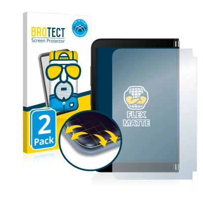 Parte frontal de un envase de producto con el logotipo de la marca BROTECT. Al lado se muestra el dispositivo Microsoft Surfac