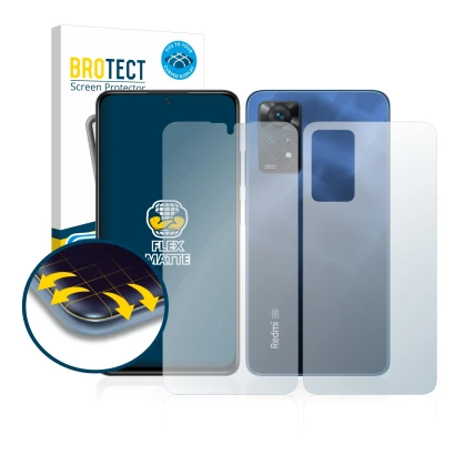 Parte frontal de un envase de producto con el logotipo de la marca BROTECT. Al lado se muestra el dispositivo Xiaomi Redmi Not