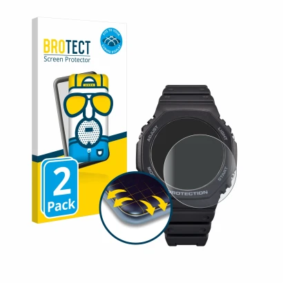 Parte frontal de un envase de producto con el logotipo de la marca BROTECT. Al lado se muestra el dispositivo Casio G-Shock GA