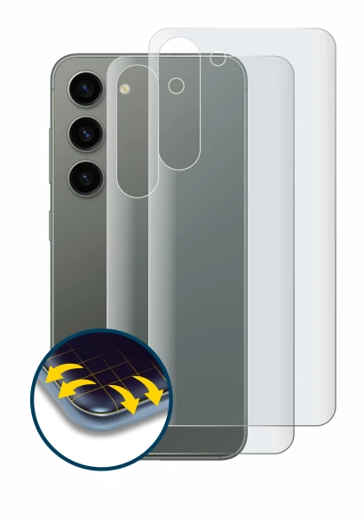 Imagen del dispositivo Samsung Galaxy S23 (Trasero) con una amplia variedad de protectores de pantalla.