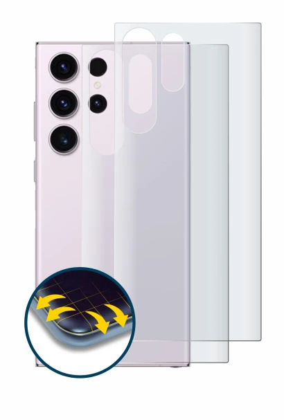 Imagen del dispositivo Samsung Galaxy S23 Ultra (Trasero) con una amplia variedad de protectores de pantalla.