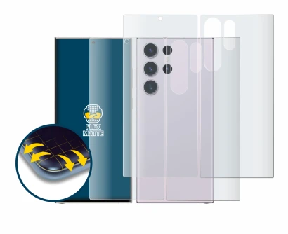 Imagen del dispositivo Samsung Galaxy S23 Ultra (Frontal+Trasero) con una amplia variedad de protectores de pantalla.