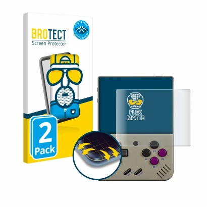 Parte frontal de un envase de producto con el logotipo de la marca BROTECT. Al lado se muestra el dispositivo Miyoo Mini Plus 