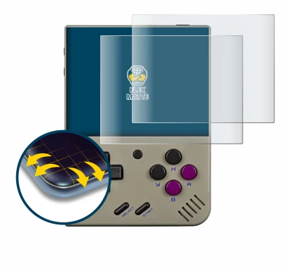 Imagen del dispositivo Miyoo Mini Plus con una amplia variedad de protectores de pantalla.